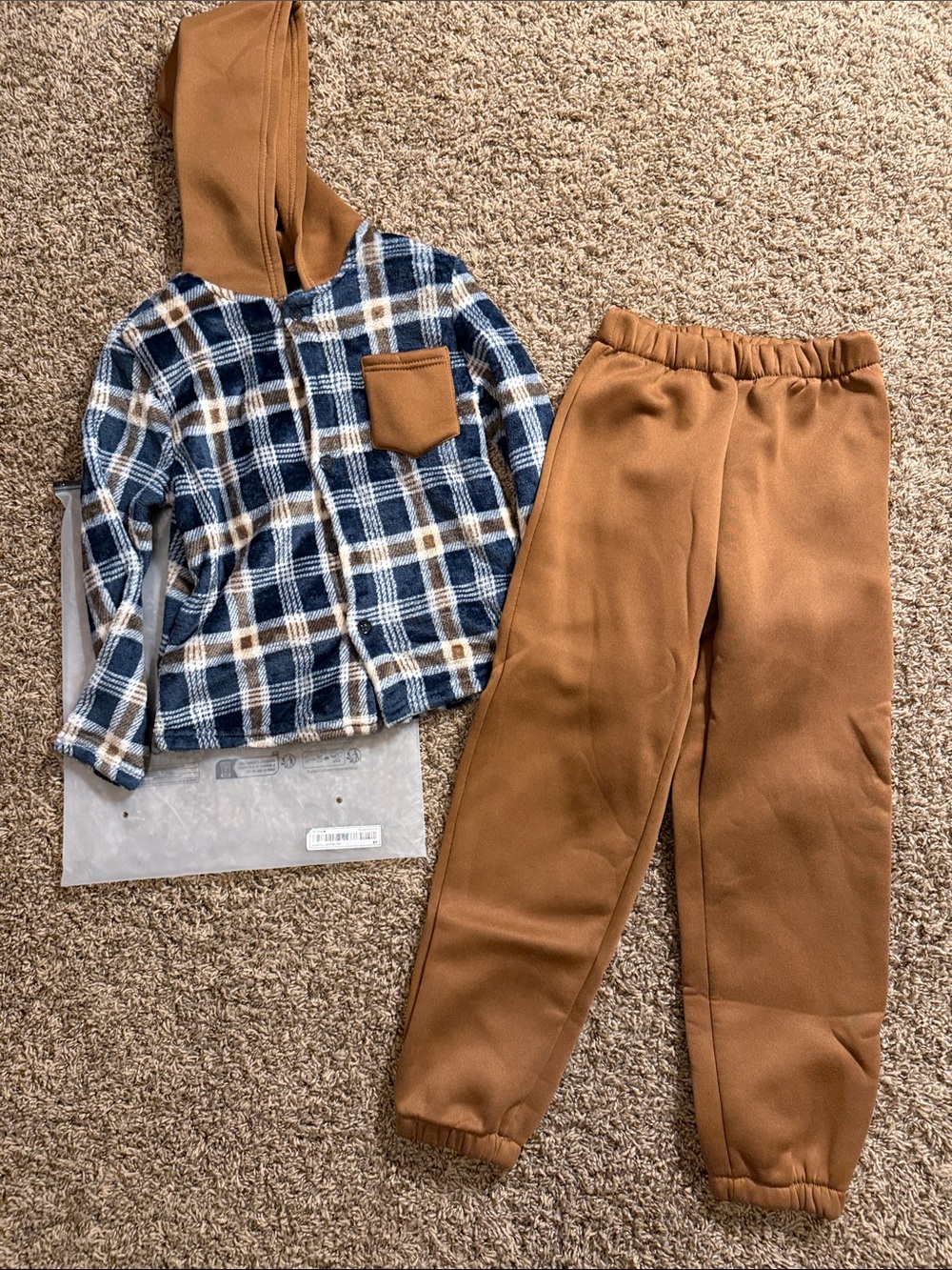 SHEIN Blue White Brown Plaid Hooded Jacket with Tan Joggers Set